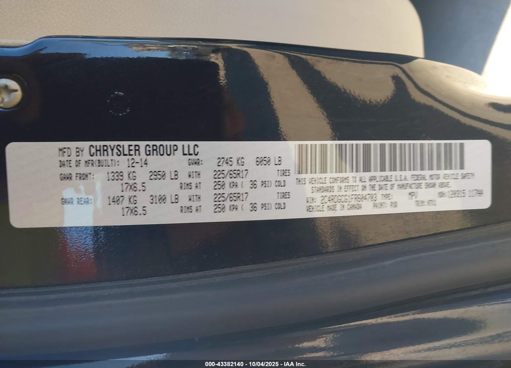 2015 DODGE GRAND CARAVAN SXT VIN: 2C4RDGCG1FR604703