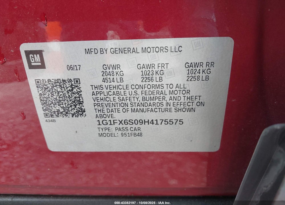 2017 CHEVROLET BOLT EV VIN: 1G1FX6S09H4175575