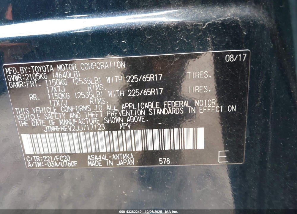 2018 TOYOTA RAV4 XLE VIN: JTMRFREV2JJ717123