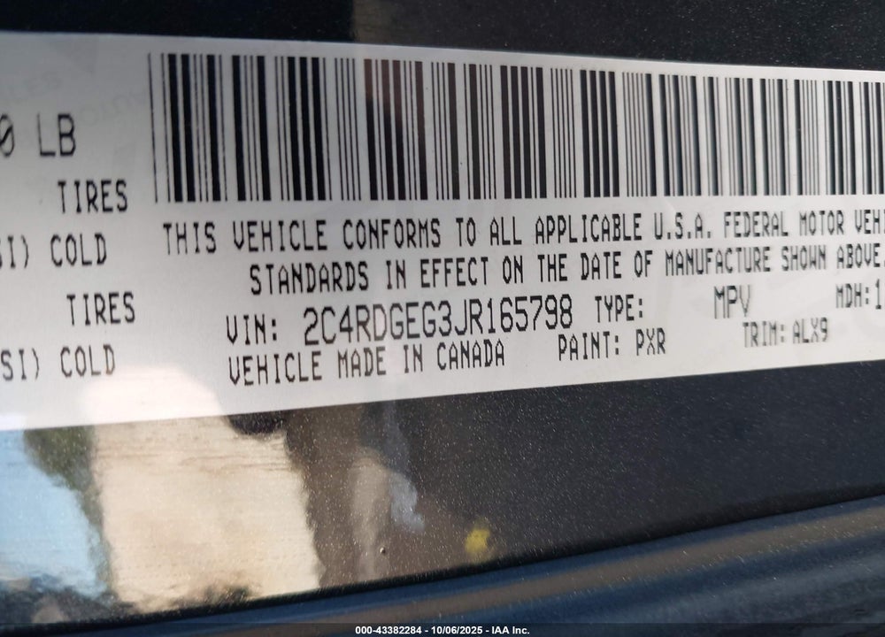 2018 DODGE GRAND CARAVAN VIN: 2C4RDGEG3JR165798