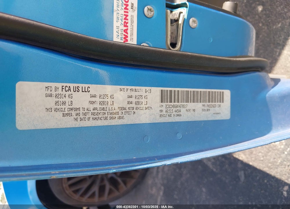 2019 DODGE CHARGER VIN: 2C3CDXBG6KH678517