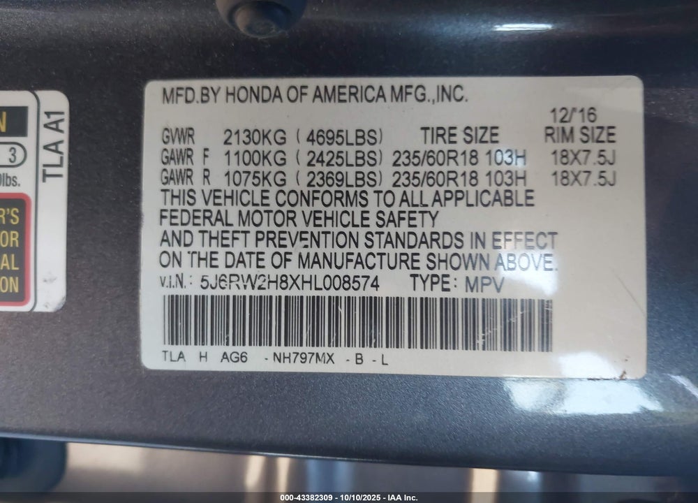 2017 HONDA CR-V EX-L/EX-L NAVI VIN: 5J6RW2H8XHL008574