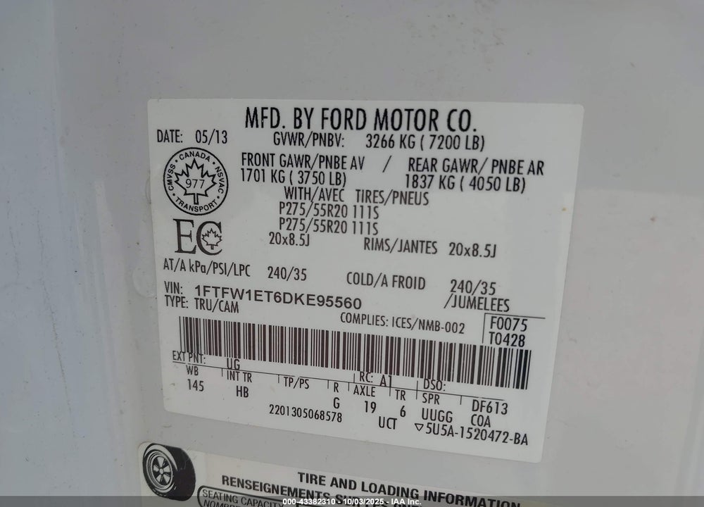2013 FORD F-150 LARIAT VIN: 1FTFW1ET6DKE95560