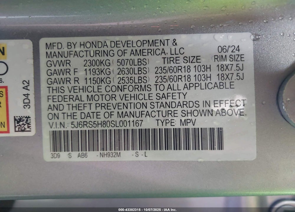 2025 HONDA CR-V VIN: 5J6RS5H80SL001167