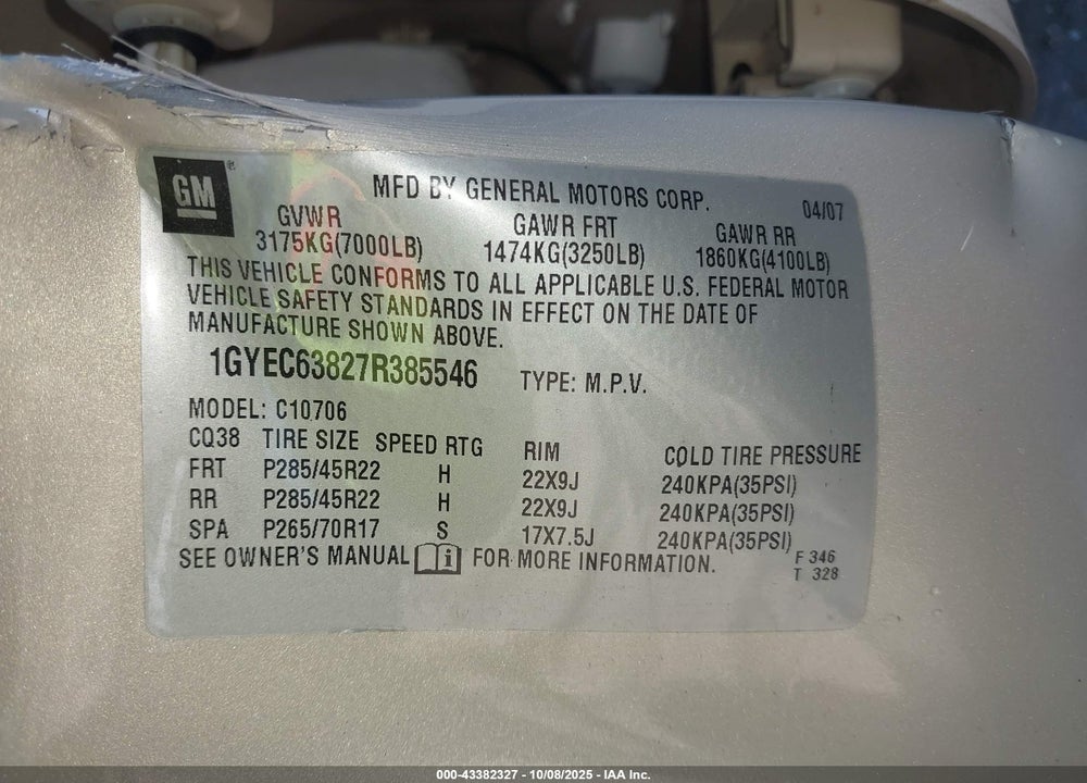 2007 CADILLAC ESCALADE STANDARD VIN: 1GYEC63827R385546