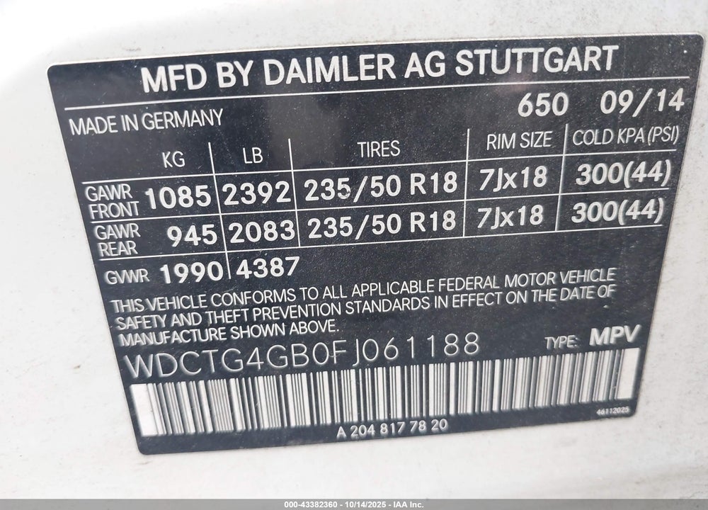 2015 MERCEDES-BENZ GLA 250 4MATIC VIN: WDCTG4GB0FJ061188