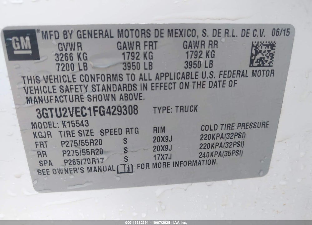 2015 GMC SIERRA 1500 SLT VIN: 3GTU2VEC1FG429308