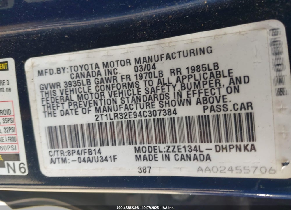 2004 TOYOTA MATRIX/XR VIN: 2T1LR32E94C307384