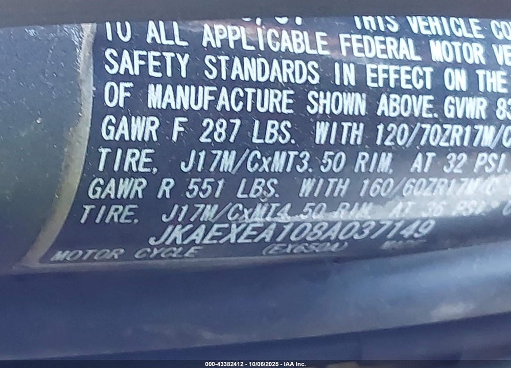2008 KAWASAKI EX650 A VIN: JKAEXEA108A037149