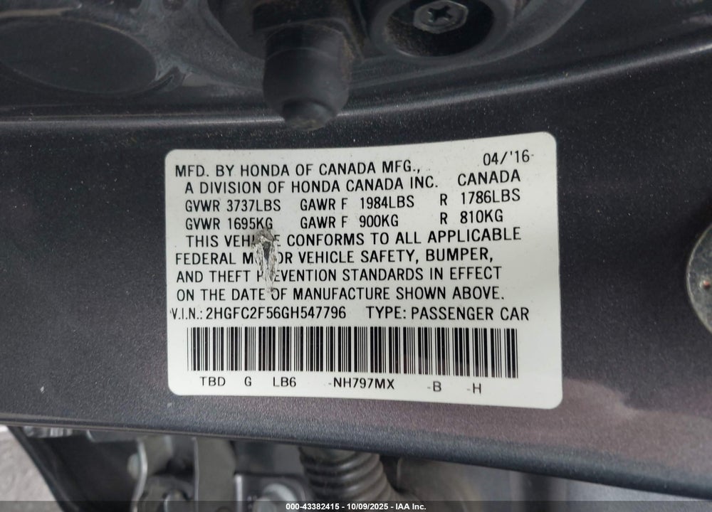2016 HONDA CIVIC LX VIN: 2HGFC2F56GH547796