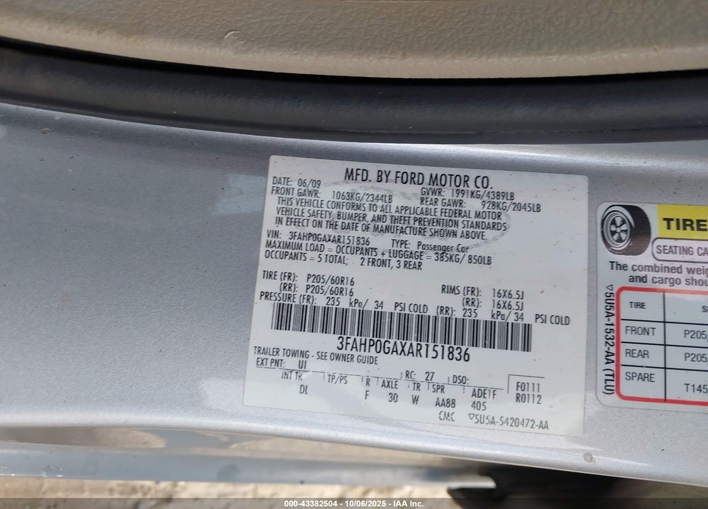 2010 FORD FUSION VIN: 3FAHP0GAXAR151836