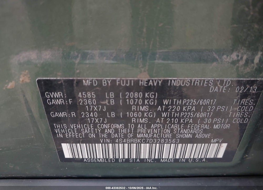 2013 SUBARU OUTBACK VIN: 4S4BRBKC7D3283563