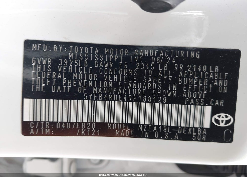 2024 TOYOTA COROLLA VIN: 5YFB4MDE4RP188129