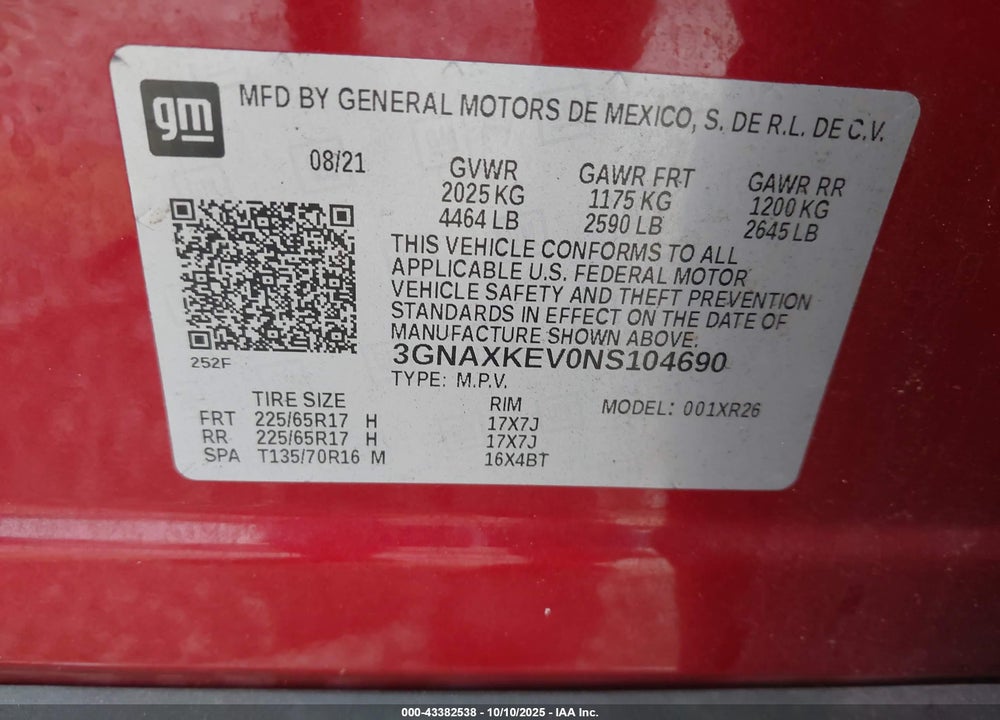 2022 CHEVROLET EQUINOX VIN: 3GNAXKEV0NS104690