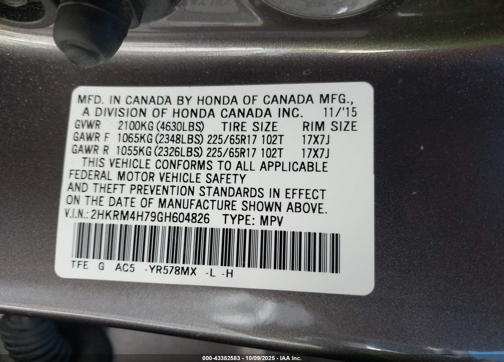 2016 HONDA CR-V VIN: 2HKRM4H79GH604826