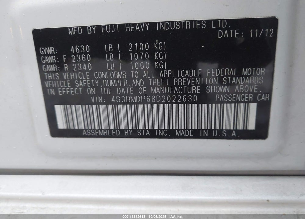 2013 SUBARU LEGACY VIN: 4S3BMDP68D2022630