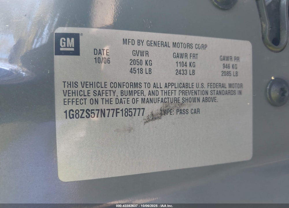2007 SATURN AURA VIN: 1G8ZS57N77F185777