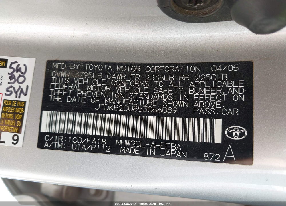 2005 TOYOTA PRIUS VIN: JTDKB20U853066089