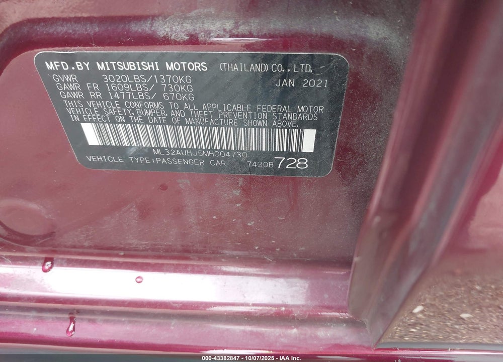 2021 MITSUBISHI MIRAGE CARBONITE EDITION/ES/LE VIN: ML32AUHJ5MH004730