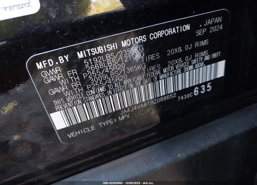 2024 MITSUBISHI OUTLANDER VIN: JA4J4VA81RZ088652