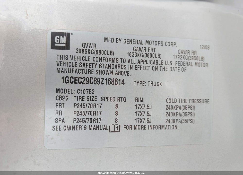 2009 CHEVROLET SILVERADO 1500 VIN: 1GCEC29C89Z168614