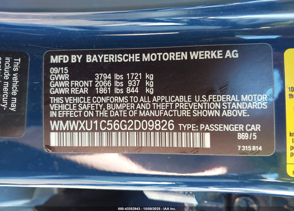 2016 MINI HARDTOP VIN: WMWXU1C56G2D09826