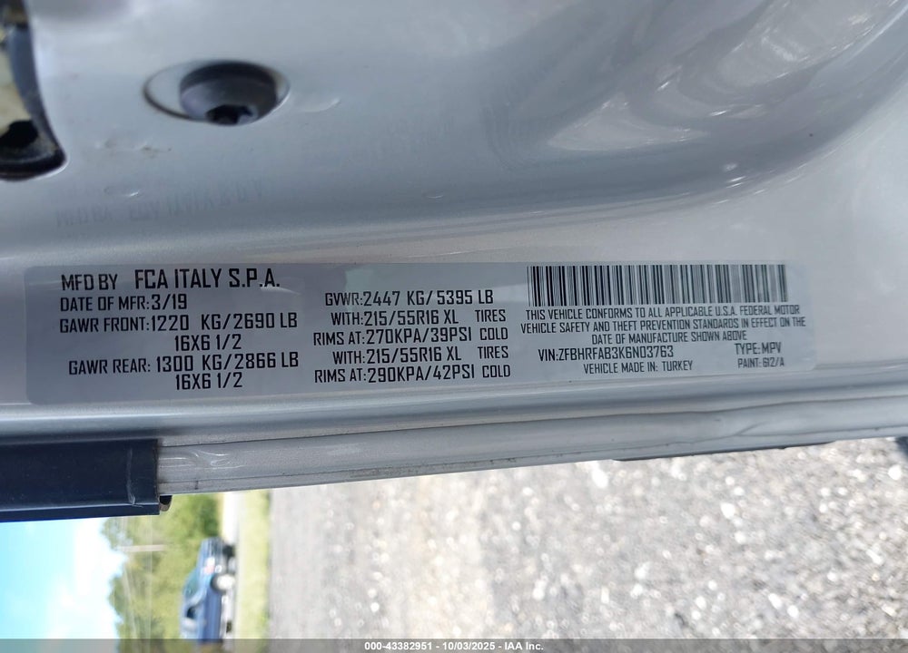 2019 RAM PROMASTER CITY VIN: ZFBHRFAB3K6N03763