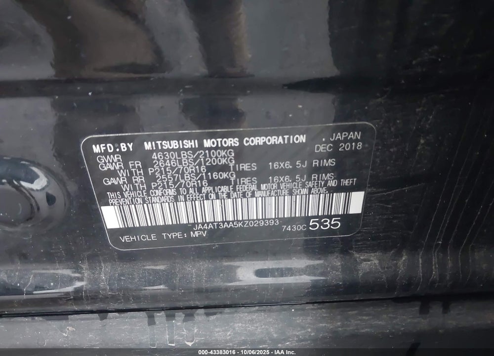 2019 MITSUBISHI ECLIPSE VIN: JA4AT3AA5KZ029393