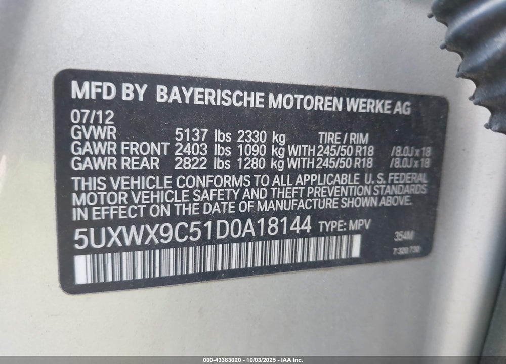 2013 BMW X3 XDRIVE28I VIN: 5UXWX9C51D0A18144