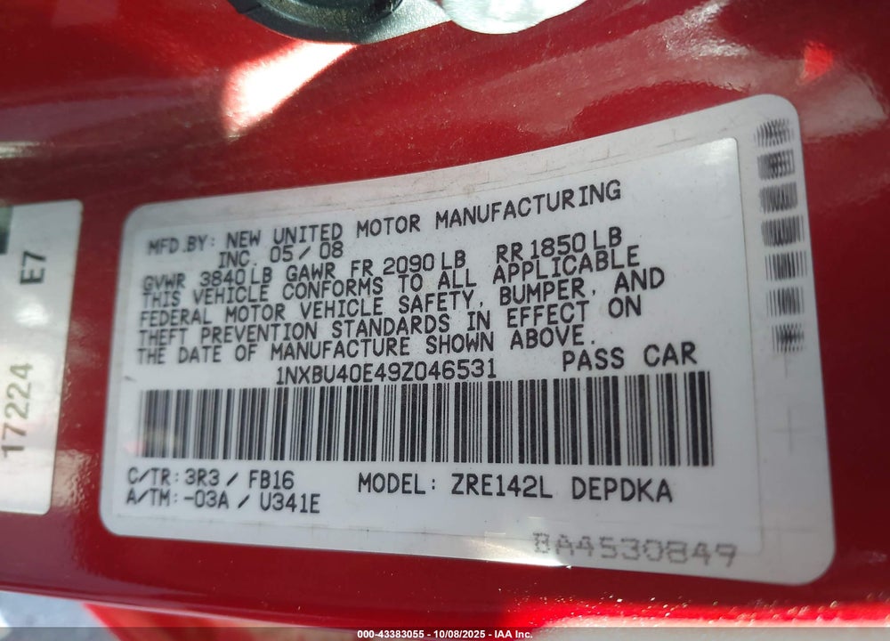 2009 TOYOTA COROLLA VIN: 1NXBU40E49Z046531