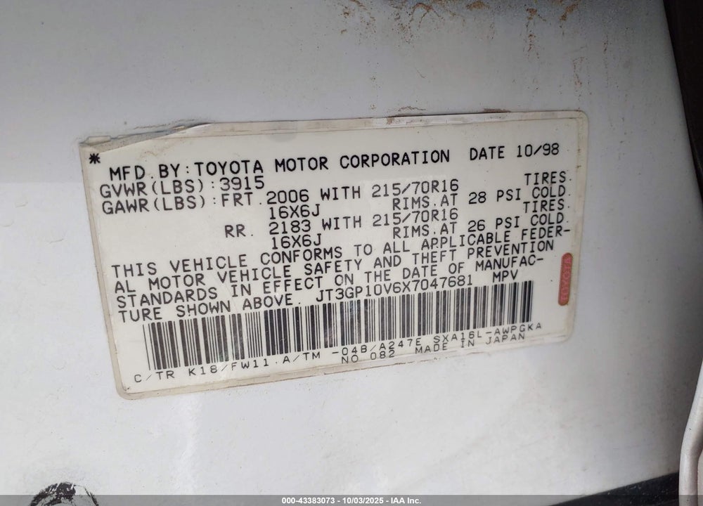 1999 TOYOTA RAV4 VIN: JT3GP10V6X7047681