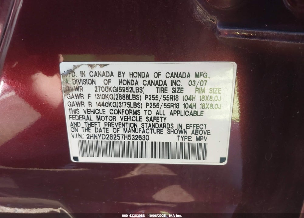 2007 ACURA MDX VIN: 2HNYD28257H532630