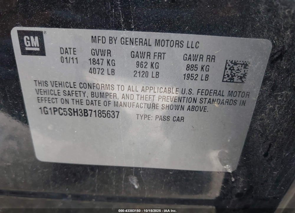 2011 CHEVROLET CRUZE LS VIN: 1G1PC5SH3B7185637