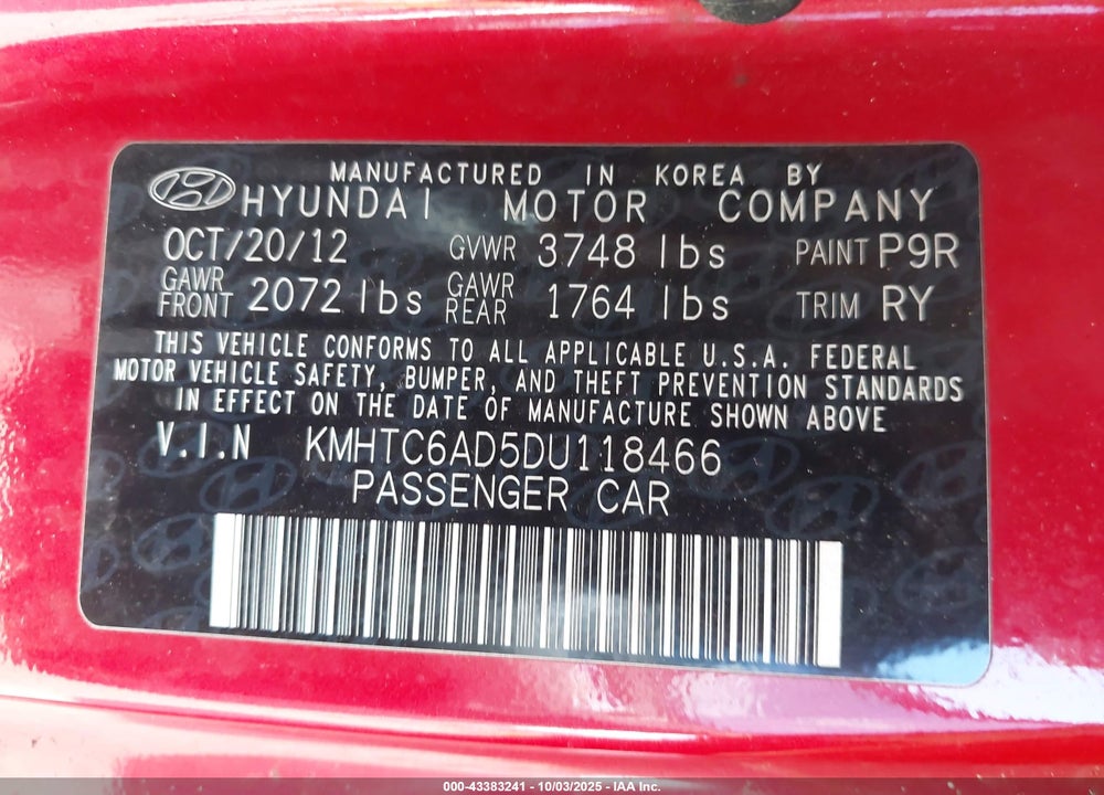 2013 HYUNDAI VELOSTER VIN: KMHTC6AD5DU118466