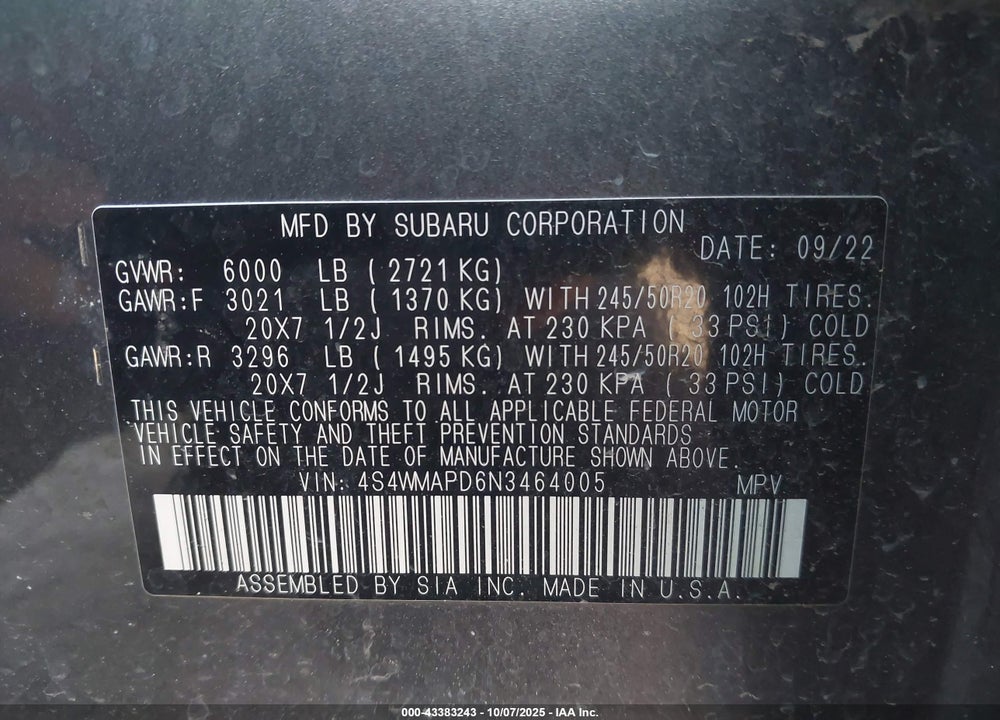 2022 SUBARU ASCENT LIMITED VIN: 4S4WMAPD6N3464005