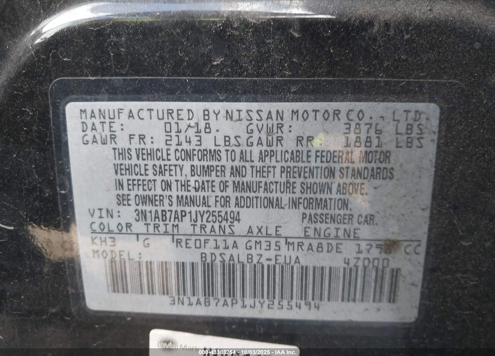 2018 NISSAN SENTRA VIN: 3N1AB7AP1JY255494