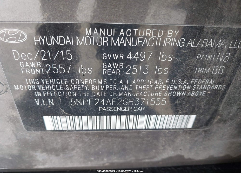 2016 HYUNDAI SONATA SE VIN: 5NPE24AF2GH371555