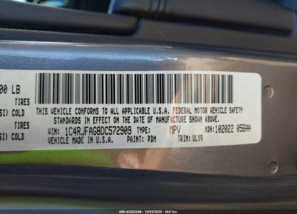 2013 JEEP GRAND CHEROKEE VIN: 1C4RJFAG8DC572909