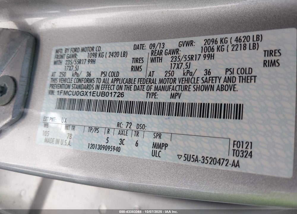2014 FORD ESCAPE VIN: 1FMCU0GX1EUB01726