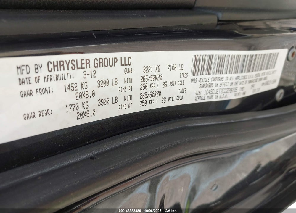 2012 DODGE DURANGO VIN: 1C4SDJET8CC278735