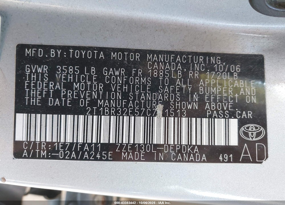 2007 TOYOTA COROLLA CE VIN: 2T1BR32E57C741513
