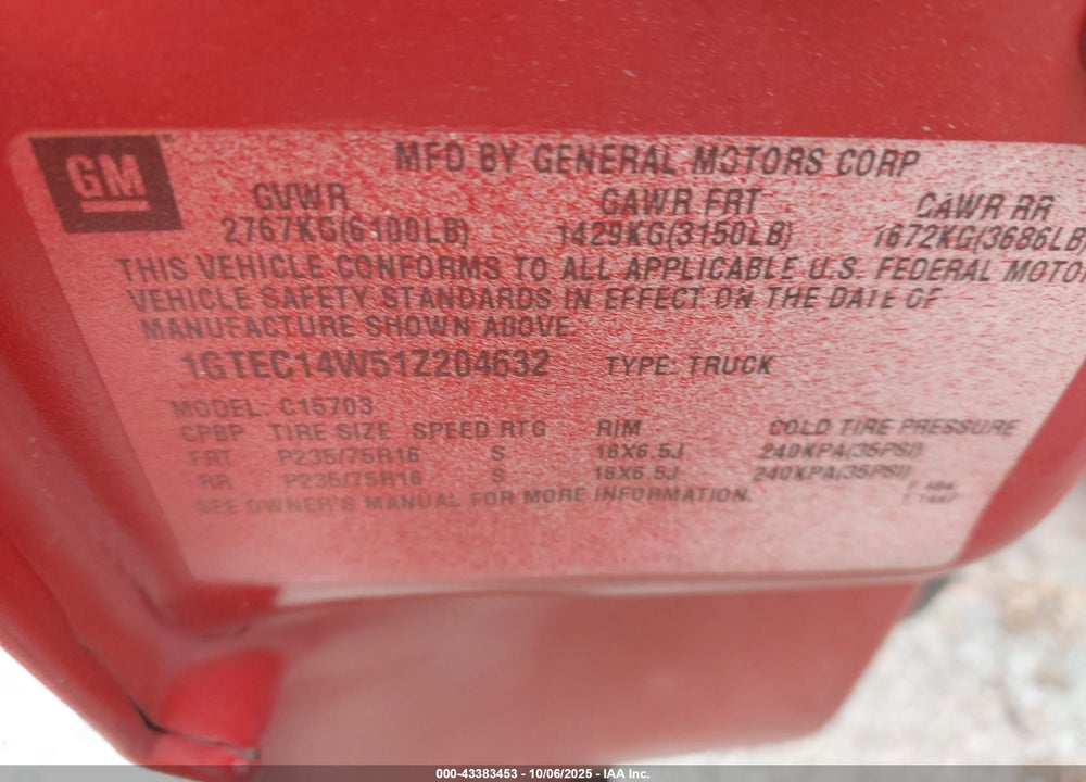 2001 GMC SIERRA 1500 SL VIN: 1GTEC14W51Z204632
