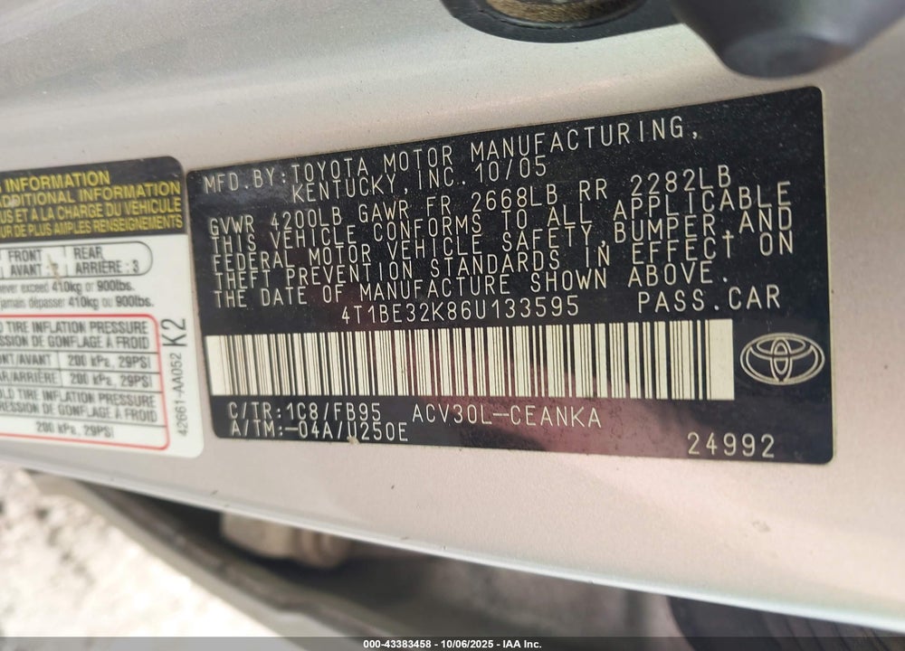 2006 TOYOTA CAMRY LE VIN: 4T1BE32K86U133595