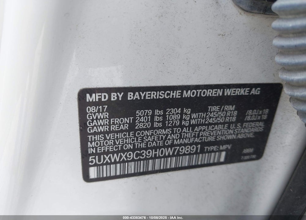 2017 BMW X3 VIN: 5UXWX9C39H0W79891