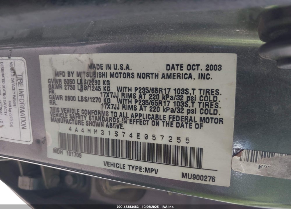 2004 MITSUBISHI ENDEAVOR XLS VIN: 4A4MM31S74E057255