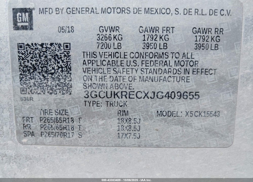 2018 CHEVROLET SILVERADO 1500 VIN: 3GCUKRECXJG409655