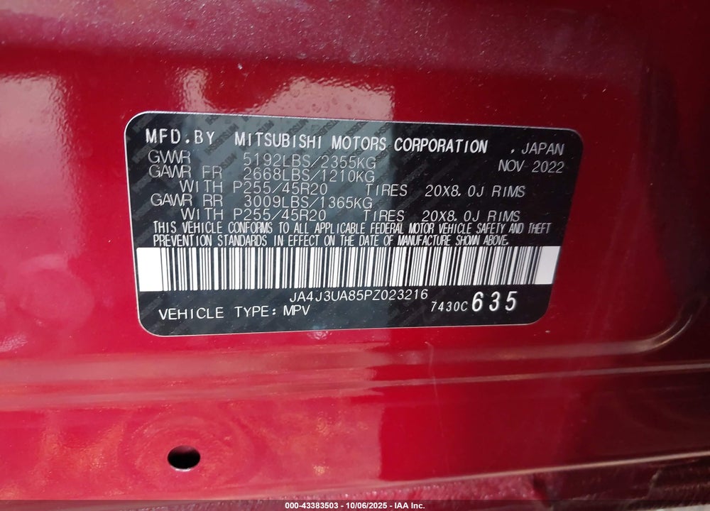 2023 MITSUBISHI OUTLANDER VIN: JA4J3UA85PZ023216
