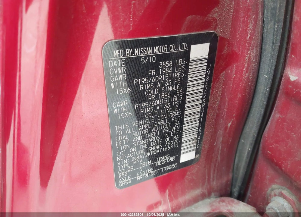 2010 NISSAN CUBE VIN: JN8AZ2KR0AT165410