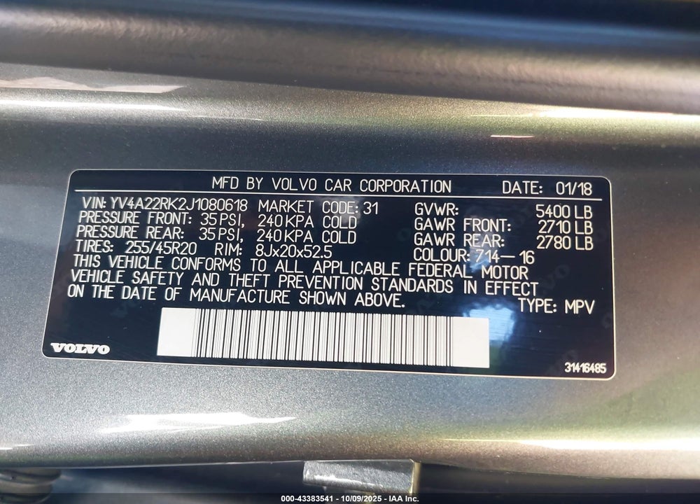 2018 VOLVO XC60 T6 MOMENTUM VIN: YV4A22RK2J1080618