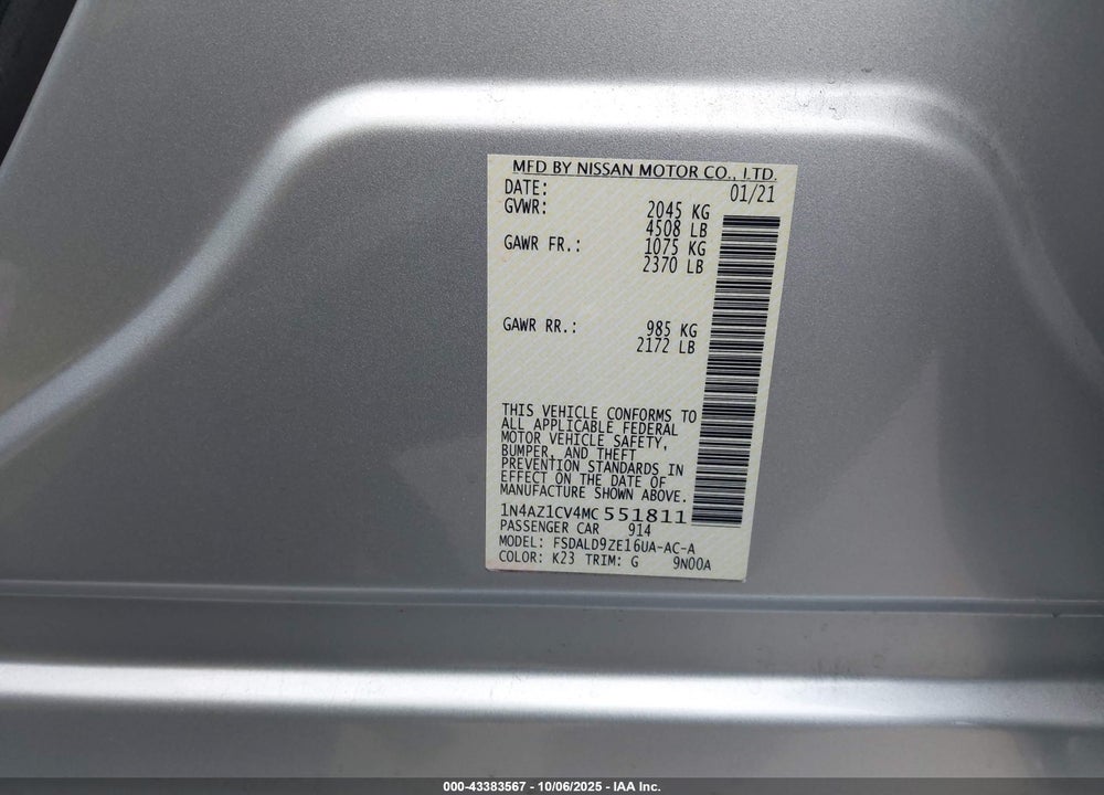 2021 NISSAN LEAF VIN: 1N4AZ1CV4MC551811
